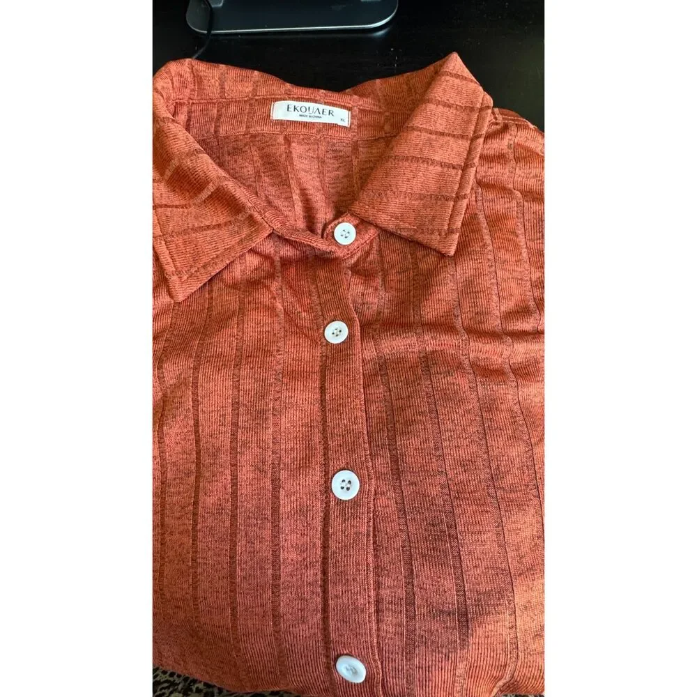 Ekouaer Women's XL Ribbed Knit Pajama Set Rust Orange